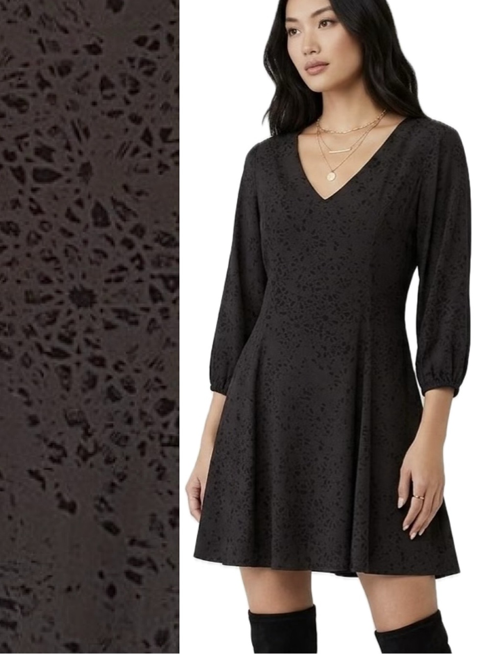Z SUPPLY Drew Stamped Mini Skater Dress Size XS Black 3/4 Sleeve Patterned Vneck
